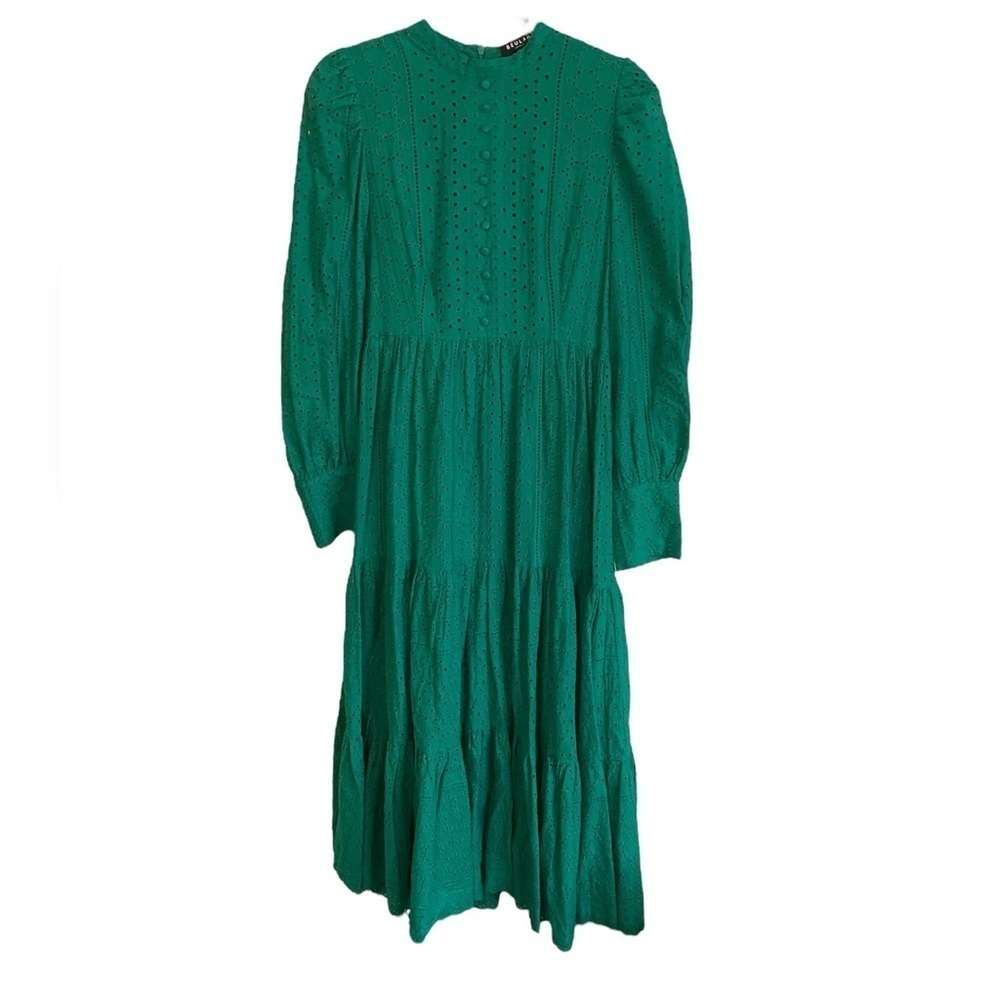 Beulah Style Green Eyelet Long Sleeve Dress Size Medium - Picture 2 of 6